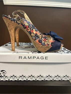 Rampage Floral Peep Toe Slingback Heels Navy Bow Size 8.5